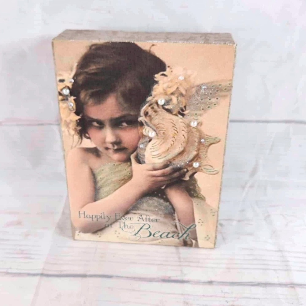 Happily‎ Ever After at The Beach Little Girl & Seashell Block Wall Decor Art